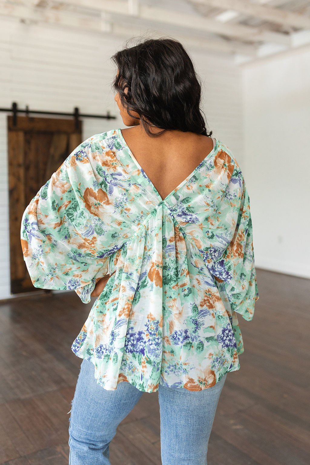 Floral Fable Sage Dolman Sleeve Draped Tunic Top