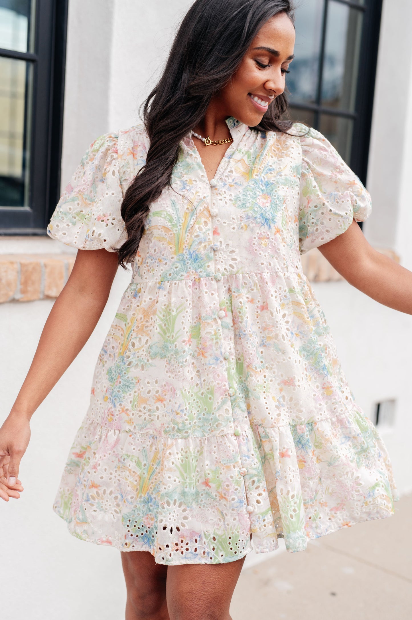 Garden Party Button Front Eyelet Tiered Dress