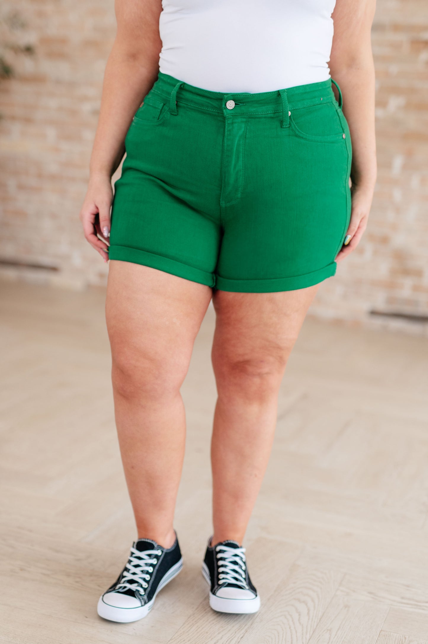 Green Color Pop High Rise Control Top Cuffed Denim Shorts