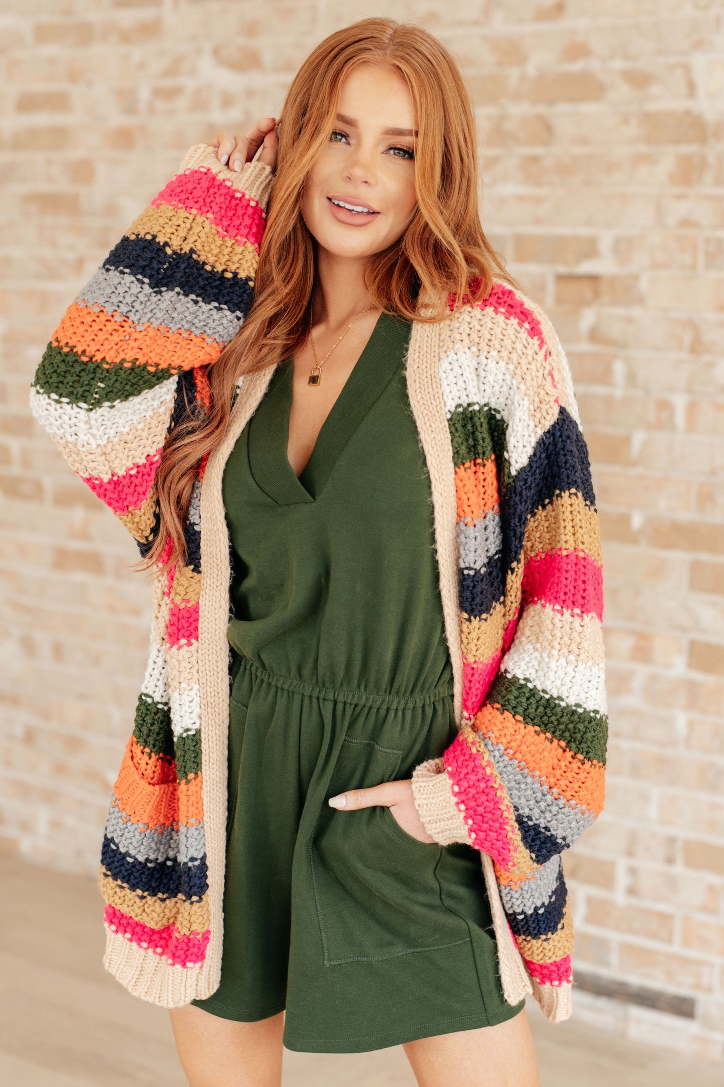 Technicolor Striped Chunky Knit Open Front Cardigan