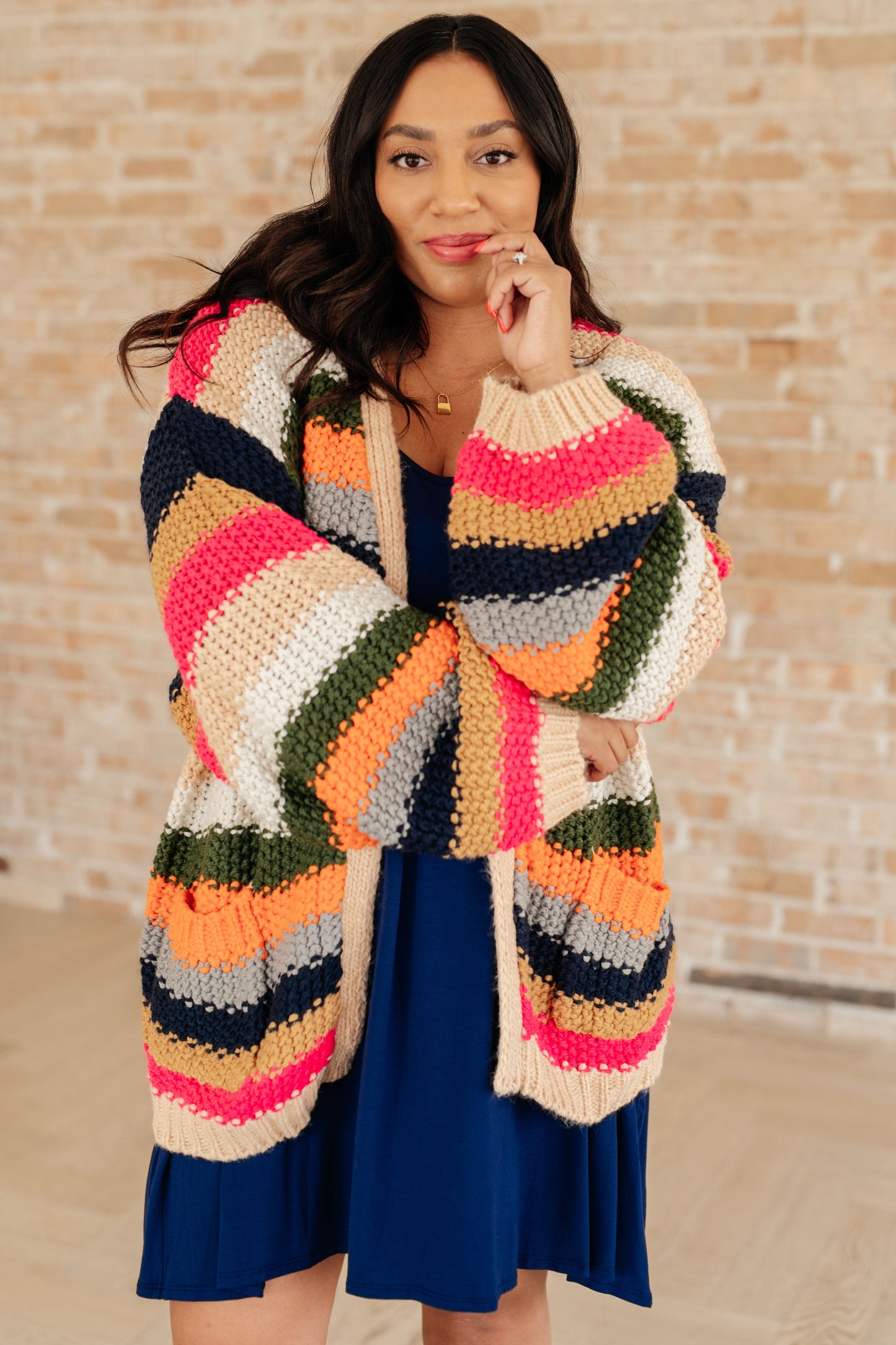 Technicolor Striped Chunky Knit Open Front Cardigan