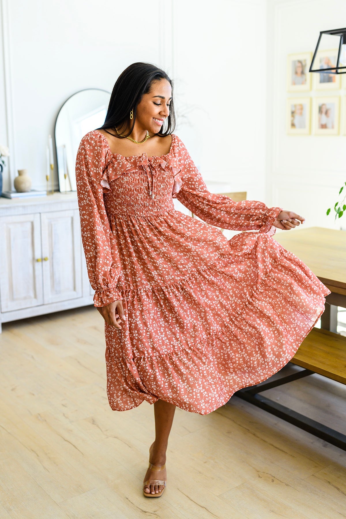 Now Is Your Chance Long Sleeve Smocked Bodice Floral Midi Dress